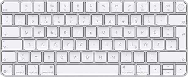 Tastatur Magic Keyboard mit Touch ID ohne Ziffernblock, flach, kabellos, Bluetooth, Multimediatasten, Lightning Anschluss, silber/weiß