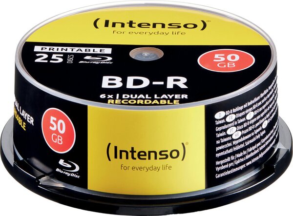 Blu-Ray Rohling, BD-R, Printable 50 GB, 6x Speed, 25er CakeBox