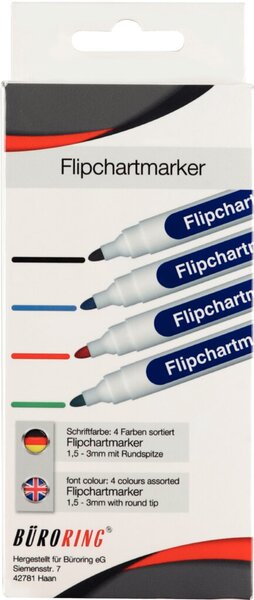 Flipchartmarker, Rundspitze, Strichstärke 1,5 - 3 mm, sortiert, 4er Etui