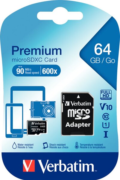 microSDXC Speicherkarte, 64 GB, Premium, Class 10, U1, UHS-I 45MB/s, 300x, Adapter