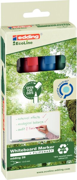 Whiteboardmarker 28, Rundspitze, Strichstärke 1,5 - 3 mm, non-permanent/trocken abwischbar, nachfüllbar, sortiert, 4er Etui, schwarz, blau, rot, grün