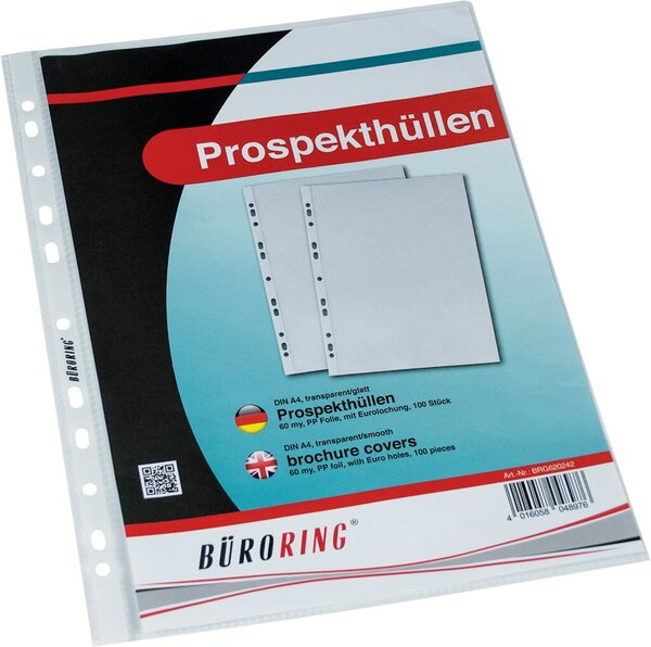 Prospekthülle, DIN A4, farblos, PP-Folie, 60 my, Oberfläche glatt, glasklar, oben offen, Eurolochung, dokumentenecht, 100 Hüllen
