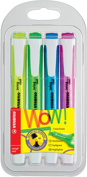 Textmarker swing cool, Keilspitze, Strichstärke 1 + 4 mm, mit Clip, sortiert, gelb, pink, grün, blau, Etui, 4 Stück