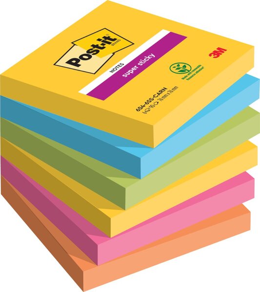 Haftnotiz Super Sticky Note, 76 x 76 mm, Carnival Collection ultragelb, limonengrün, powerpink, paradiseblau, vitalorange, 90 Blatt/Block, 6 Blöcke
