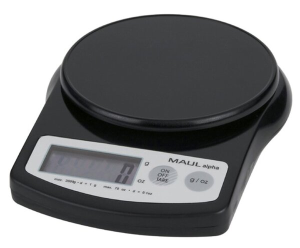 Briefwaage MAULalpha, schwarz, Traglast 500g, Teilung 0,1g, Wiegefläche Ø 12,4 cm, 3,7 x 14,1 x 18,8 cm