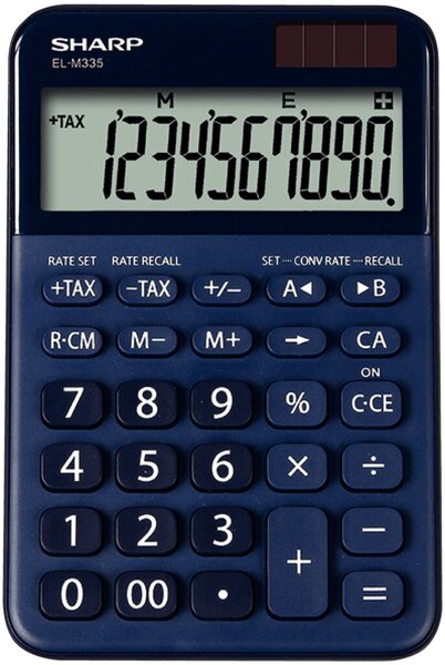 Tischrechner SH-ELM335BRD, 10-stelliges Display, 3-Tasten Speicher, Währungsumrechnung, Steuerberechnung (TAX+/-), 00 Taste, automatische Punktierung, Prozentrechnung, Vorzeichenwechsel, Korrekturtaste, Solar und Batterie, autom. Ausschaltung, blau