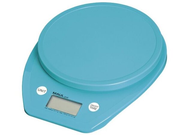 Briefwaage MAULgoal, hellblau, Tragkraft 5000g, Teilung 1g, Wiegefläche Ø 15 cm, 3 x 16 x 20 cm