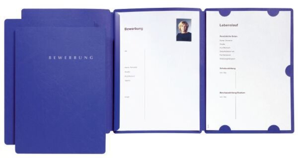 Bewerbungsmappe "Select", mit Klemmschiene, Schriftzug "Bewerbung" in silbernen Lettern auf dem Vorderdeckel, blau
