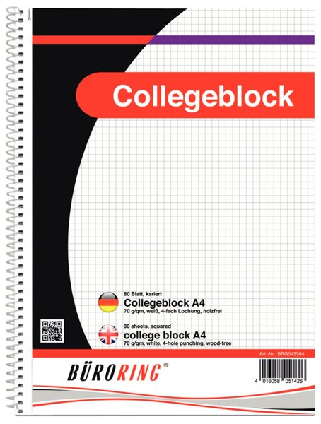 Collegeblock, DIN A4, 80 Blatt, kariert, holzfrei, weiß, 70g/qm, Lineatur 22, Mikroperforation, 4fach-Lochung