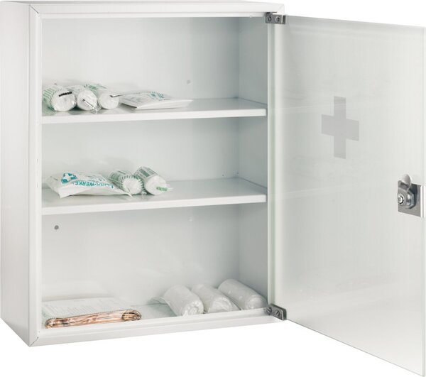 Verbandschrank Erste-Hilfe aus Stahl, weiß lackiert, Glastür, 2 Schlüssel, 2 Einlegeböden, 450 x 360 x 150 mm