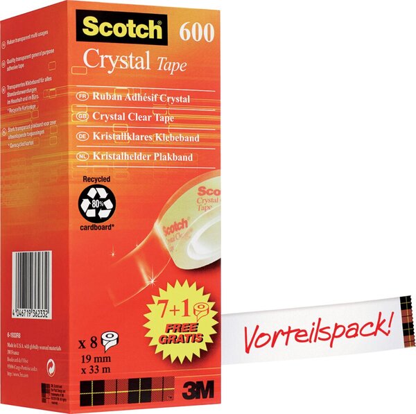 Klebefilm Scotch cyrstal, 19 mm x 33 m, unsichtbar, 8 Rollen