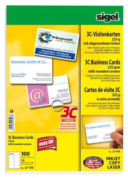 Visitenkarten Multiprint, 225g/qm, weiß, für InkJet, Laser, Kopierer, mit abgerundeten Ecken, 10 Blatt