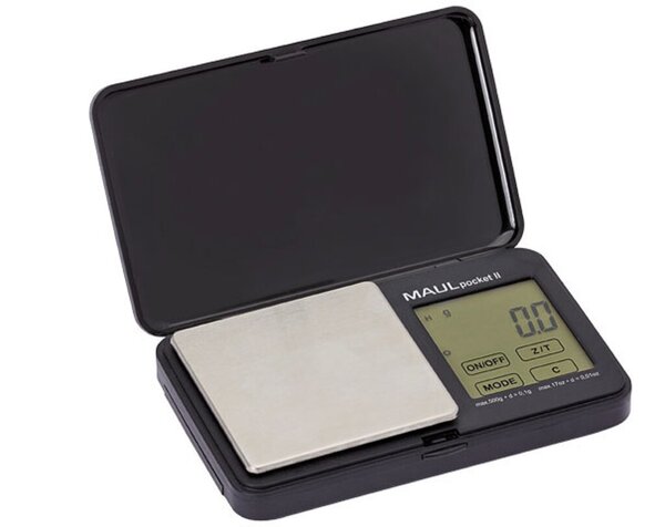 Taschenwaage MAULpocket II, schwarz, Tragkraft 500g, Teilung 0,1/500g, Wiegefläche 6 x 6 cm, 1,8 x 7,3 x 11,5 cm