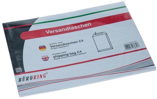 Versandtasche DIN C4, ohne Fenster, haftklebend, 90g/qm, weiß, 25 Stück