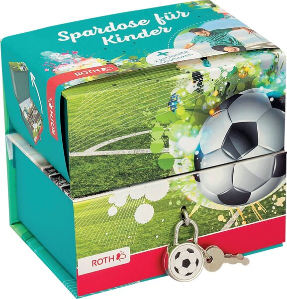 Spardose, Pappe, 2 getrennte Boxen, Fussballstar, grün