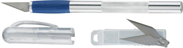 Schablonenmesser Aluminium, L x Ø: 129 x 10 mm, inkl. Schutzkappe und 2 zusätzliche Ersatzklingen, silber
