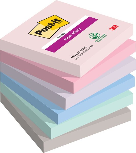 Haftnotiz Super Sticky Note, 76 x 76 mm, Soulful Collection rosa, flieder, mint, flamingopink, denimblau, grau, 90 Blatt/Block, 6 Blöcke
