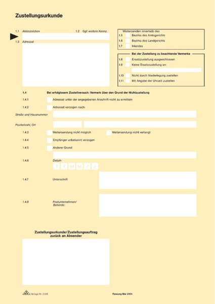 Zustellungsurkunde, 2 Seiten, DIN A4, 80g/qm, Inkjet, Laser, 100 Stück