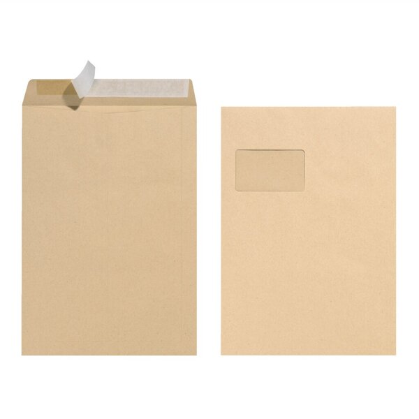 Versandtasche DIN C4, mit Fenster, haftklebend, braun, 90g/qm, 10 Stück