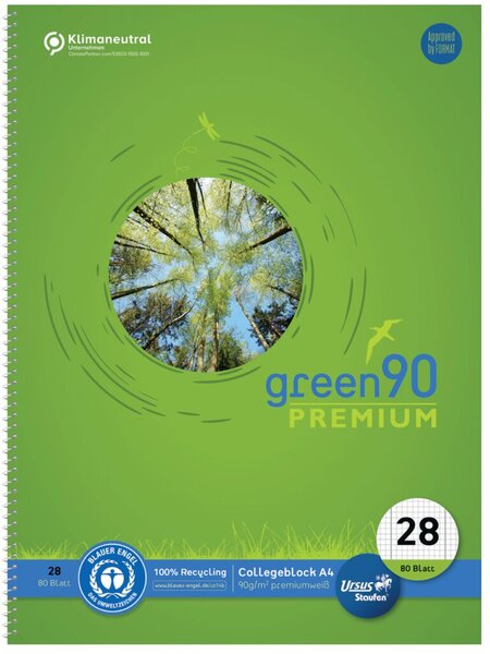 Green Collegeblock, DIN A4, kariert mit Rand, 80 Blatt, 90g/qm, Lineatur 28