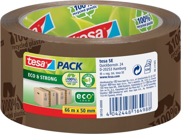 Packband tesapack® Eco & Strong, 50 mm x 66 m, braun, bedruckt, PP-Folie, klebstark