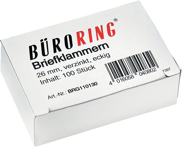 Briefklammern 26 mm, verzinkt, eckig, 100 Stück