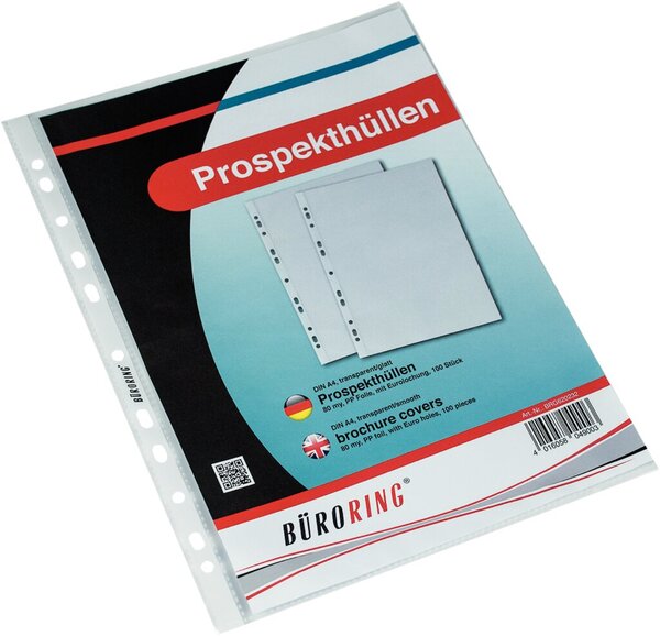 Prospekthülle, DIN A4, farblos, PP-Folie, 80 my, Oberfläche glatt, glasklar, oben offen, Eurolochung, dokumentenecht, 100 Hüllen