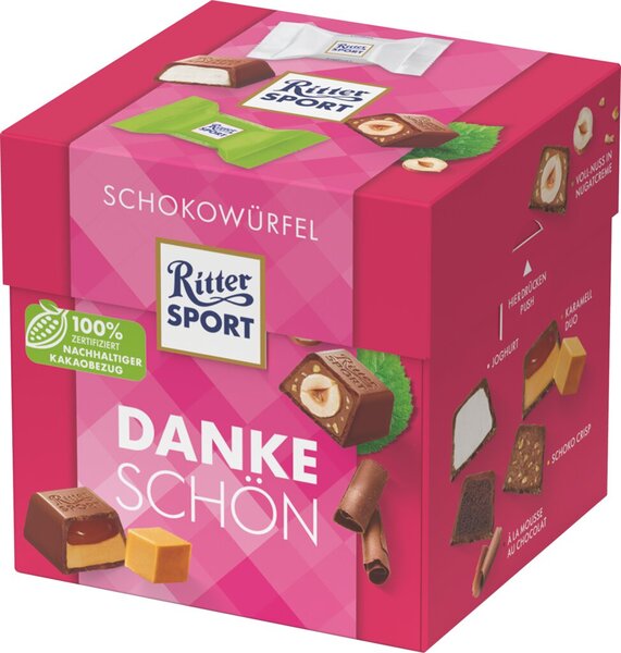 Ritter Sport Schokowürfel Dankeschön, 22er Geschenkverpackung mit gefüllter Schokolade