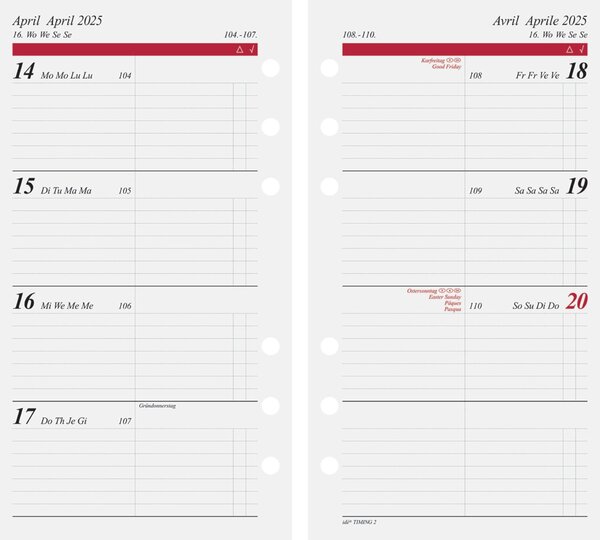 Wochenkalender-Ersatzeinlage, 1 Woche/2 Seiten, 6-fach Lochung, 4-sprachig