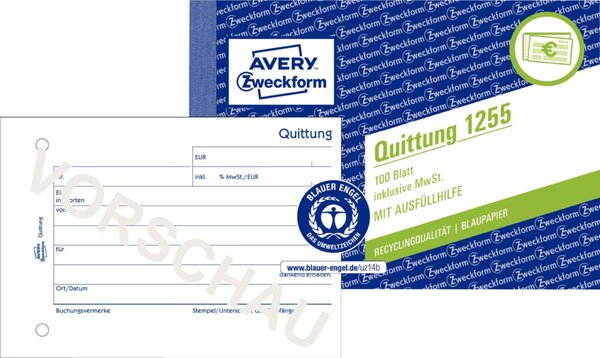 Quittung inkl. MwSt., DIN A6 quer, Recycling, Mikroperforation, alle Blätter gelocht, 100 Blatt