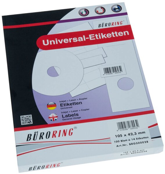 Etiketten, 105 x 42,3 mm, weiß, 1.400 Etiketten, lösungsmittelfrei, Inkjet-, Laserdrucker, Kopierer, 100 Blatt