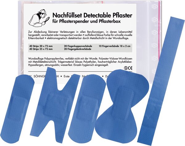Nachfüllset für Pflasterspender, gelb detetable, komplett, 130 Pflasterwundverbände in verschiedenen Größen