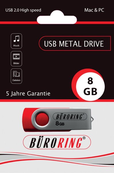Speicherstick, USB 2.0 mit drehbarer Metall-Abdeckung, Kapazität 8 GB