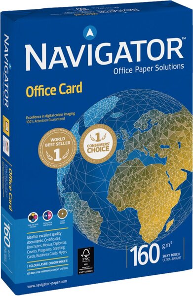 Kopierpapier Navigator Office Card, DIN A4, 160g/qm, weiß, Weißegrad 169 CIE, Packung à 250 Blatt