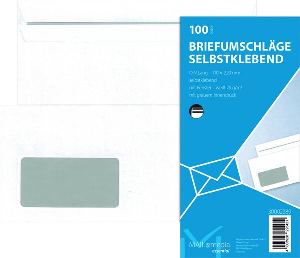 Briefumschlag DIN lang, mit Fenster, selbstklebend, weiß, 75g/qm, 100 Stück