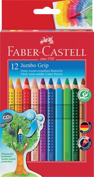 Buntstift JUMBO GRIP, Minenstärke 5,3 mm, Härtegrad weich, Schaftform Dreikant, wasservermalbar, 12 Stück, Kartonetui, sortiert