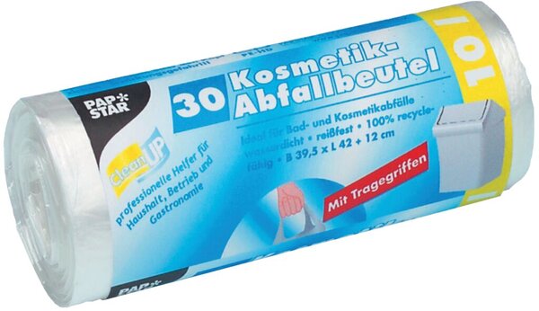 Abfallbeutel mit Tragegriff, 10 Liter, transparent, HDPE-Folie, 395 x 420 mm, 1 Rolle à 30 Beutel