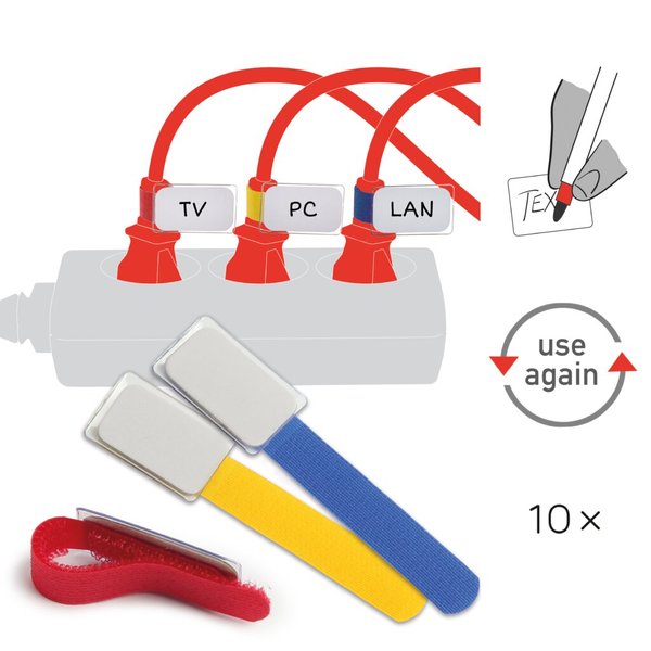 Klettbinder Mini, 10er Set, sortiert, 4 x rot, 3 x blau, 3 x gelb