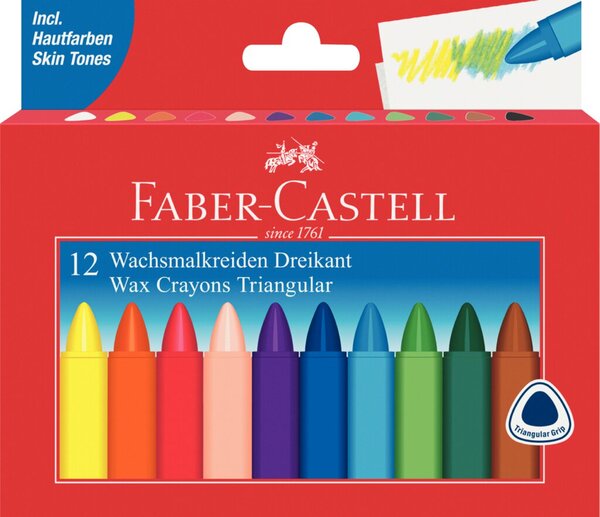 Wachsmalstifte, Dreikantform, Papierbanderole, wasserfest, sortiert, 12 Stück