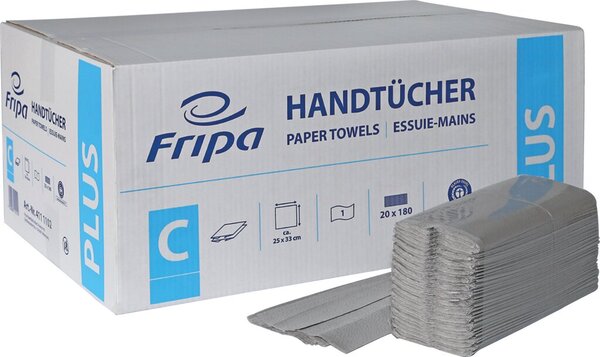 Handtuchpapier PLUS, 25 x 33 cm, Falzung C-Falz, 1-lagig, natur, Recycling, 20 Pack à 180 Blatt/Karton