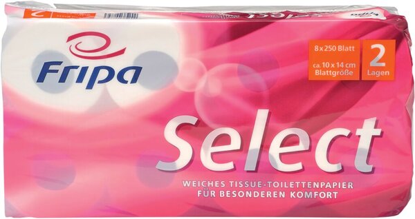 Toilettenpapier Select, 2-lagig, hochweiß, aus Zellstoff, 250 Blatt/Rolle, 8 Rollen/Packung