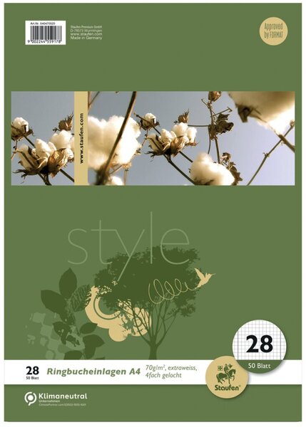 Style Ringbucheinlage, DIN A4, kariert, 50 Blatt, mit Rand, 70g/qm, LIN28