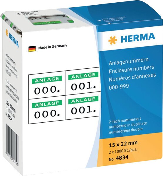 Anlagenummern selbstklebend, 2-fach, Aufdruck 0-999, 15 x 22 mm, grün bedruckt, permanent haftend, 1.000 Etiketten à Kartonspender