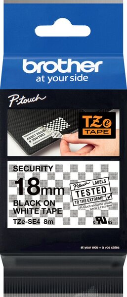 Schriftbandkassette, TZe-SE4, 18 mm breit / 8 m lang, schwarz auf weiß, Sicherheitsband, laminiert