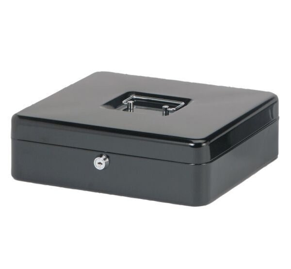 Geldkassette, schwarz, 301 x 250 x 89 mm, lackierter Stahl, Sicherheitszylinderschloss