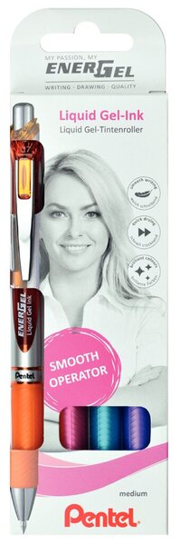Gelroller EnerGel, Strichstärke 0,35 mm, Schreibfarbe sortiert, Schaftfarbe wie Schreibfarbe, sortiert, 4 Stück, orange, pink, hellblau, violett