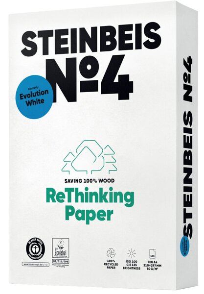 Kopierpapier Steinbeis No. 4 Recycling, DIN A4, 80g/qm, weiß, Weißegrad 135 CIE, Packung à 500 Blatt