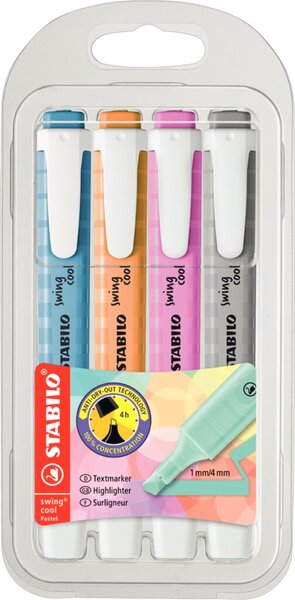 Textmarker swing cool, Keilspitze, Strichstärke 1 + 4 mm, mit Clip, sortiert pastell, seidengrau, frische Fuchsie, himmlisches blau, sanftes orange, Etui, 4 Stück