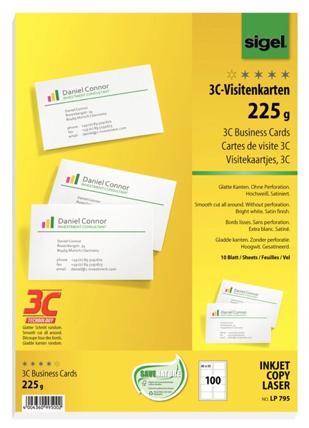 Visitenkarten 3C, 85 x 55 mm, 225g/qm, weiß, glatter Schnitt rundum, für Inkjet, Laser, Kopierer, 10 Blatt, 100 Karten