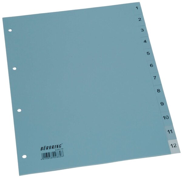 Kunststoffregister, DIN A4, 12-teilig, 1 - 12, 125 my, PP, grau, 2-fach Lochung